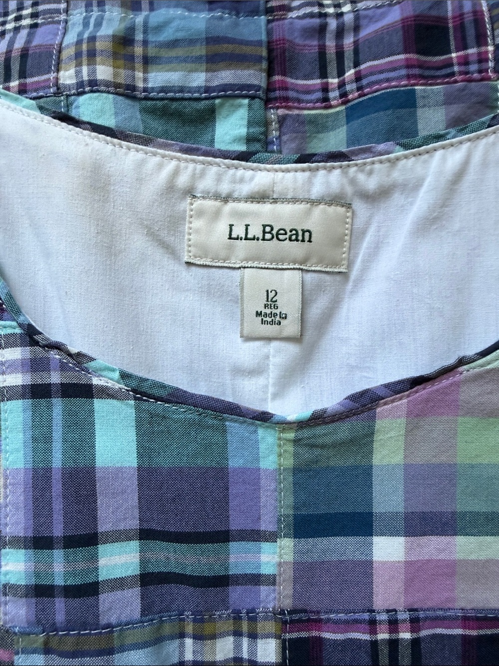L.L. Bean Madras Plaid Sleeveless Midi Dress in Blue, Purple and Green - Picture 6 of 8